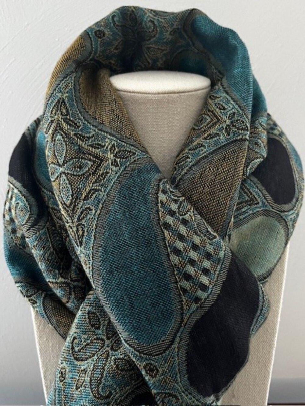 Scarf Wrap Pashmina Paisley Fringe Aqua Blue